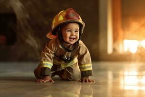 contento niño jugando bombero a interior ,generativo ai. foto