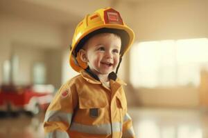 contento niño jugando bombero a interior ,generativo ai. foto