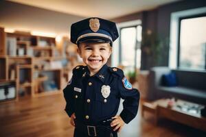 contento niño jugando policía oficial a interior ,generativo ai. foto