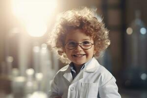 contento niño jugando médico a interior , generativo ai. foto