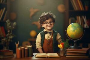 pequeño chico como profesor con en pie en salón de clases a escuela generativo ai. foto