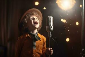 Happy child playing Singer,Actor at indoor ,Generative AI. photo