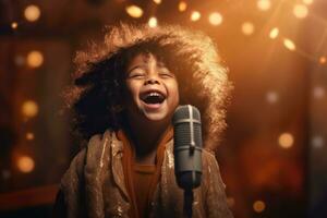 contento niño jugando cantante, actor a interior ,generativo ai. foto