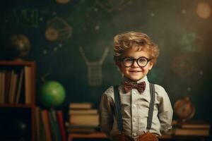 pequeño chico como profesor con en pie en salón de clases a escuela generativo ai. foto