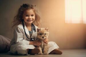 Happy child playing Veterinarian at indoor ,Generative AI. photo