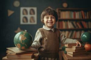 Little boy as teacher with standing on classroom at scholl. Generative AI. photo