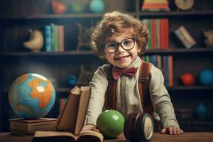 pequeño chico como profesor con en pie en salón de clases a escuela generativo ai. foto