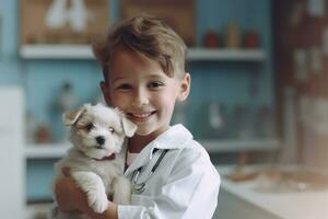 Happy child playing Veterinarian at indoor ,Generative AI. photo