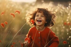 contento niño jugando al aire libre , Copiar espacio ,generativo ai. foto