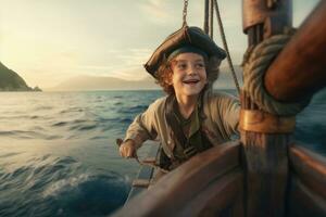 contento niño jugando pirata en un grande barco en el medio de el mar al aire libre .generativo ai. foto
