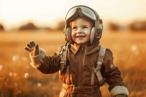 Happy child playing pilot suit at outdoors ,Generative AI. photo