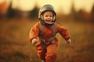 Happy child playing pilot suit at outdoors ,Generative AI. photo