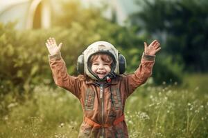 contento niño jugando al aire libre , Copiar espacio ,generativo ai. foto