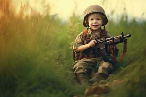 contento niño jugando soldado al aire libre ,generativo ai. foto