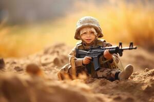 contento niño jugando soldado al aire libre ,generativo ai. foto