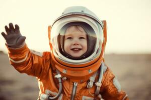 contento niño jugando espacio traje a al aire libre ,generativo ai. foto