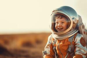 contento niño jugando espacio traje a al aire libre ,generativo ai. foto