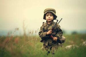 contento niño jugando soldado al aire libre ,generativo ai. foto