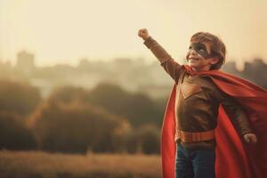 contento niño jugando superhéroe a al aire libre ,generativo ai. foto