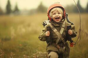 contento niño jugando soldado al aire libre ,generativo ai. foto