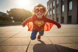 contento niño jugando superhéroe a al aire libre ,generativo ai. foto