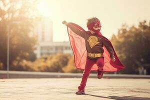 contento niño jugando superhéroe a al aire libre ,generativo ai. foto