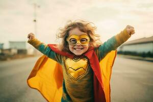 contento niño jugando superhéroe a al aire libre ,generativo ai. foto