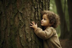 un niño abrazando árbol con amor ,generativo ai. foto