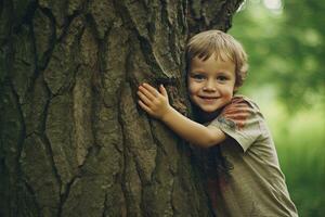 un niño abrazando árbol con amor ,generativo ai. foto