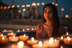 A young woman meditating on the terrace of her house surrounded by candles at dusk to improve her mental health , Generative AI photo