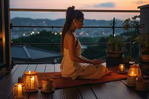 A young woman meditating on the terrace of her house surrounded by candles at dusk to improve her mental health , Generative AI photo