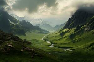 Beautiful of morning wild nature green high in mountains ,Generative AI. photo