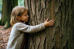 un niño abrazando árbol con amor ,generativo ai. foto