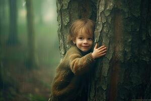 un niño abrazando árbol con amor ,generativo ai. foto