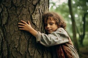 A child hugging tree with love ,Generative AI. photo