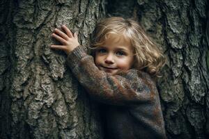 A child hugging tree with love ,Generative AI. photo
