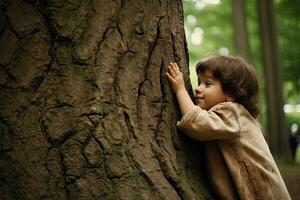 un niño abrazando árbol con amor ,generativo ai. foto