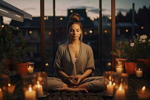 un joven mujer meditando en el terraza de su casa rodeado por velas a oscuridad a mejorar su mental salud , generativo ai foto