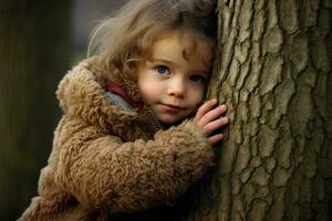 A child hugging tree with love ,Generative AI. photo