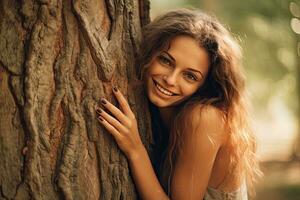 A young woman beautiful hugging a tree with love ,Generative AI. photo