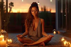 un joven mujer meditando en el terraza de su casa rodeado por velas a oscuridad a mejorar su mental salud , generativo ai foto