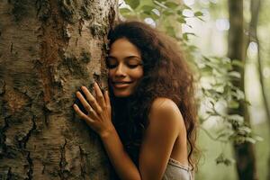 A young woman beautiful hugging a tree with love ,Generative AI. photo