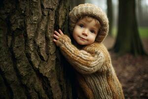 A child hugging tree with love ,Generative AI. photo