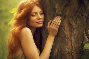 A young woman beautiful hugging a tree with love ,Generative AI. photo
