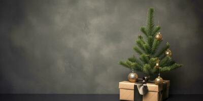 Background for Christmas with tree and a gift, Copyspace ,Generative AI. photo