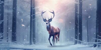 Deer in a winter snowy forest ,Christmas scene ,Generative AI. photo