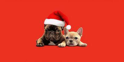 Cute dog and cat with a Santa's Hat on a Red Background with Space for Copyspace ,Generative AI. photo