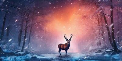 Deer in a winter snowy forest ,Christmas scene ,Generative AI. photo