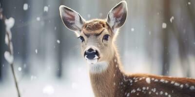 Deer in a winter snowy forest ,Christmas scene ,Generative AI. photo