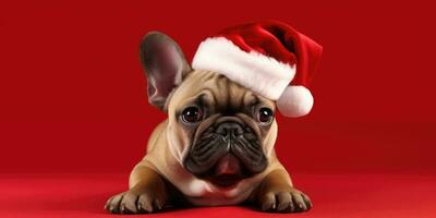 Cute dog with a Santa's Hat on a Red Background with Space for Copyspace ,Generative AI. photo